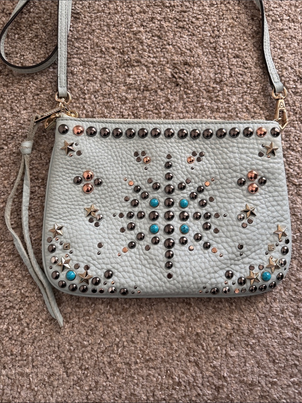 Rebecca Minkoff Studded Light Blue Pebbled Embellished Crossbody - Picture 2 of 10